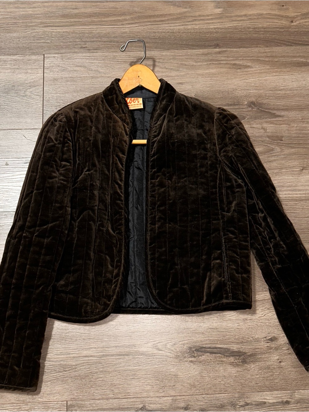 Eber Quilted Velvet Open-Front Blazer Jacket  in Dark Brown 1970s Vintage 70’s